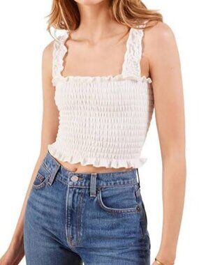 Reformation Leonore ivory smocked ruffle strap crop top